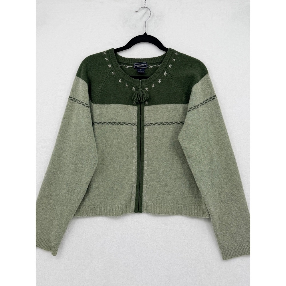 Vintage American Eagle Lambswool Cardigan XL Green Zip Up Nordic Fair Isle